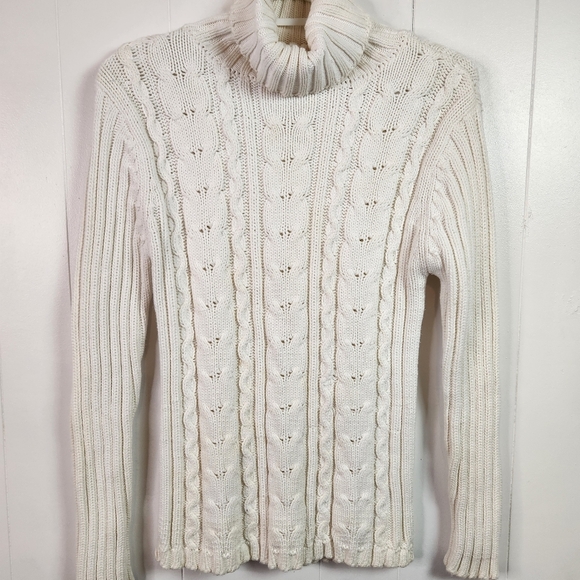 Vintage 90s White Turtleneck Cable Knit Long Sleeve Sweater 1990s Cotton Preppy - Picture 2 of 9